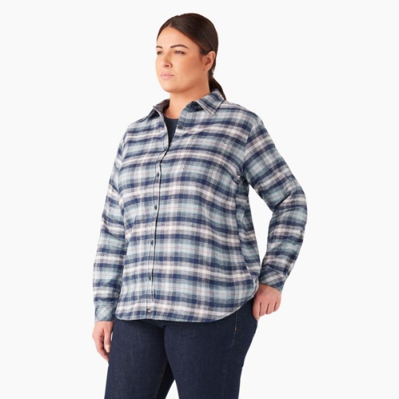 Dickies Plus Long Sleeve Plaid Flannel Shirt Albastri Bleumarin | DHLU8552