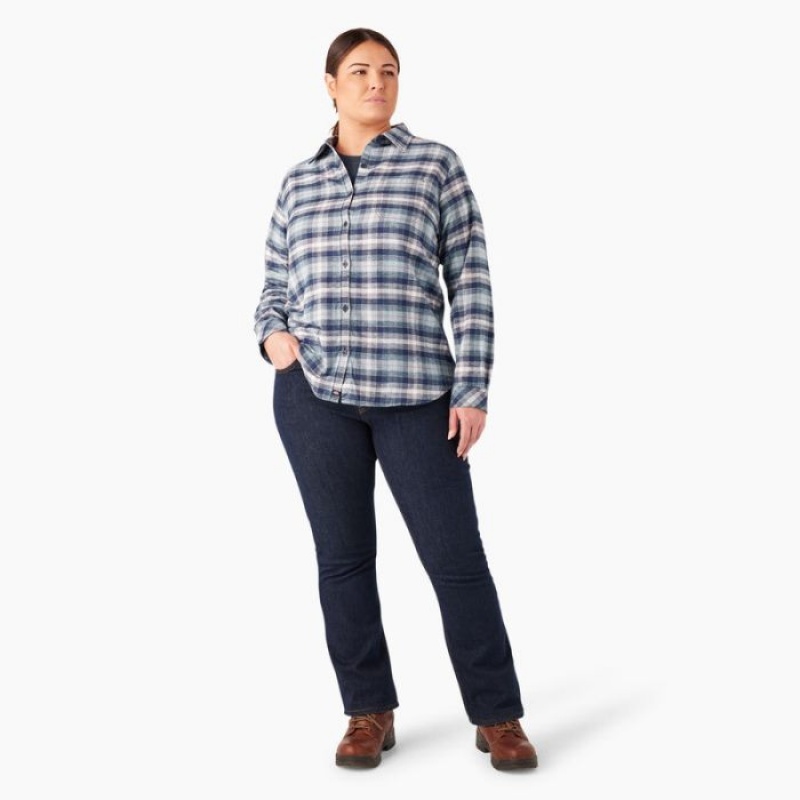 Dickies Plus Long Sleeve Plaid Flannel Shirt Albastri Bleumarin | DHLU8552