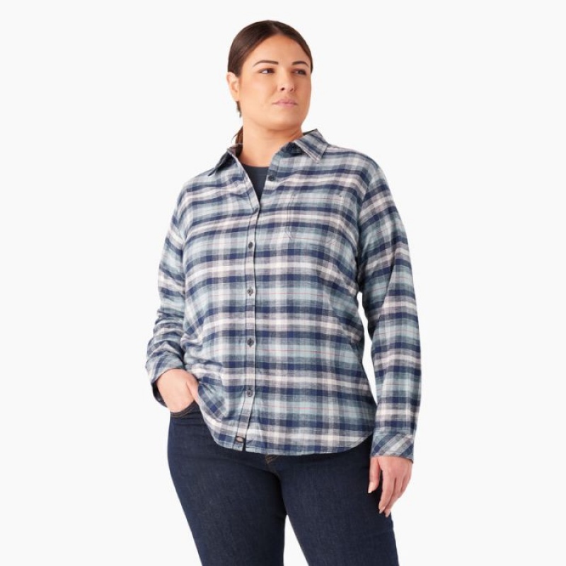Dickies Plus Long Sleeve Plaid Flannel Shirt Albastri Bleumarin | DHLU8552