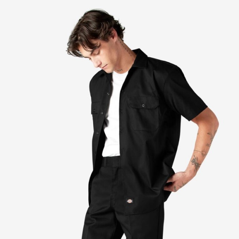 Dickies Scurte Sleeve Lucru Shirt Negrii | WQCY0134