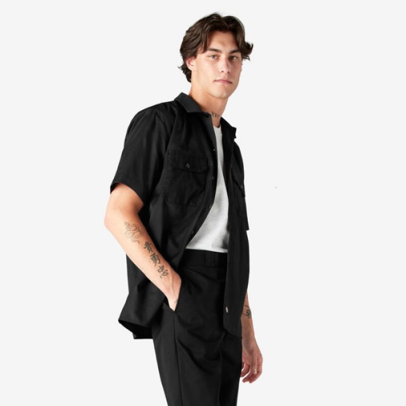 Dickies Scurte Sleeve Lucru Shirt Negrii | WQCY0134