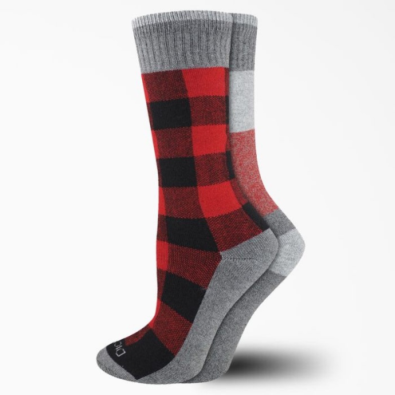 Dickies Thermal Plaid Crew Socks, Size 6-9, 2-Pack Rosii | UUMQ1140